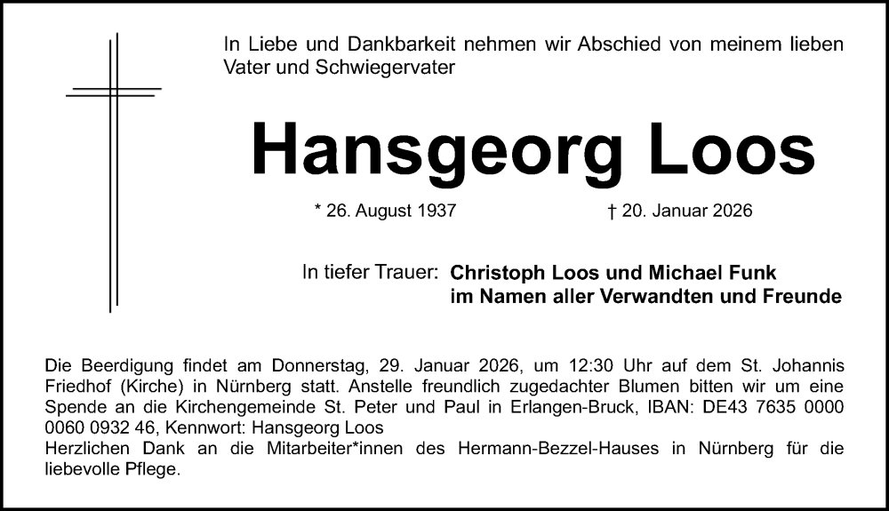  Traueranzeige für Hansgeorg Loos vom 24.01.2026 aus Gesamtausgabe Nürnberger Nachrichten/ Nürnberger Ztg.