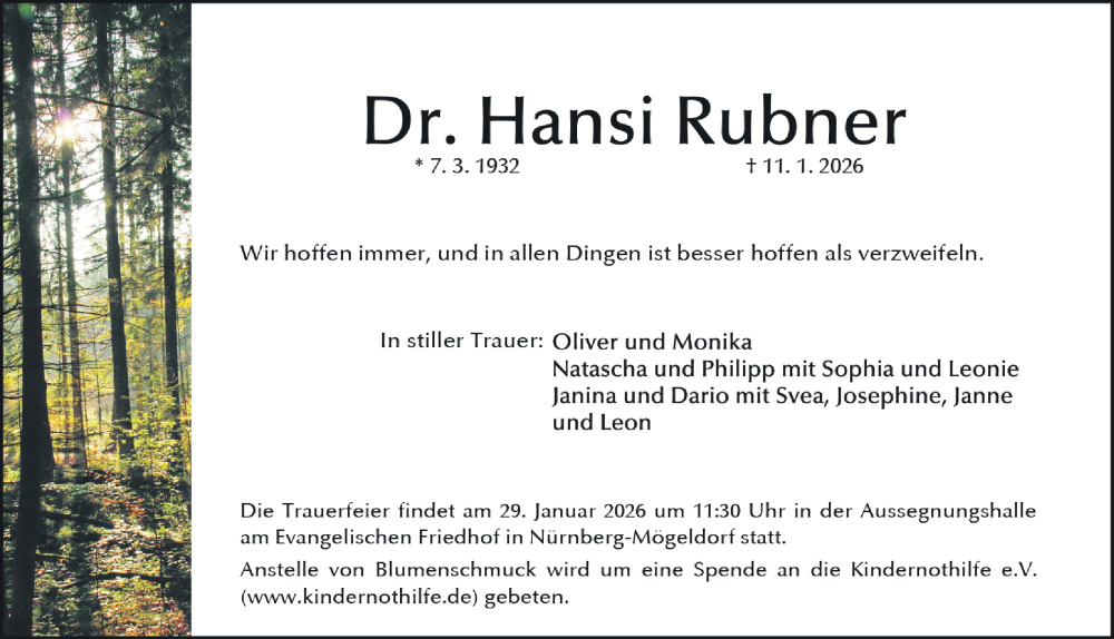  Traueranzeige für Hansi Rubner vom 24.01.2026 aus Gesamtausgabe Nürnberger Nachrichten/ Nürnberger Ztg.