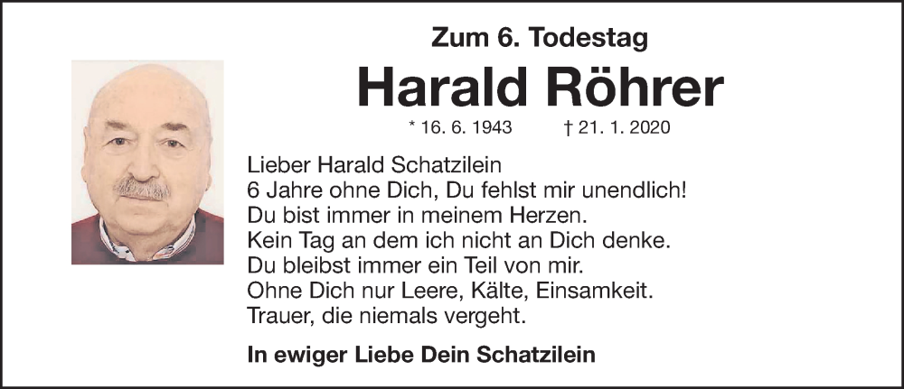  Traueranzeige für Harald Röhrer vom 21.01.2026 aus Gesamtausgabe Nürnberger Nachrichten/ Nürnberger Ztg.
