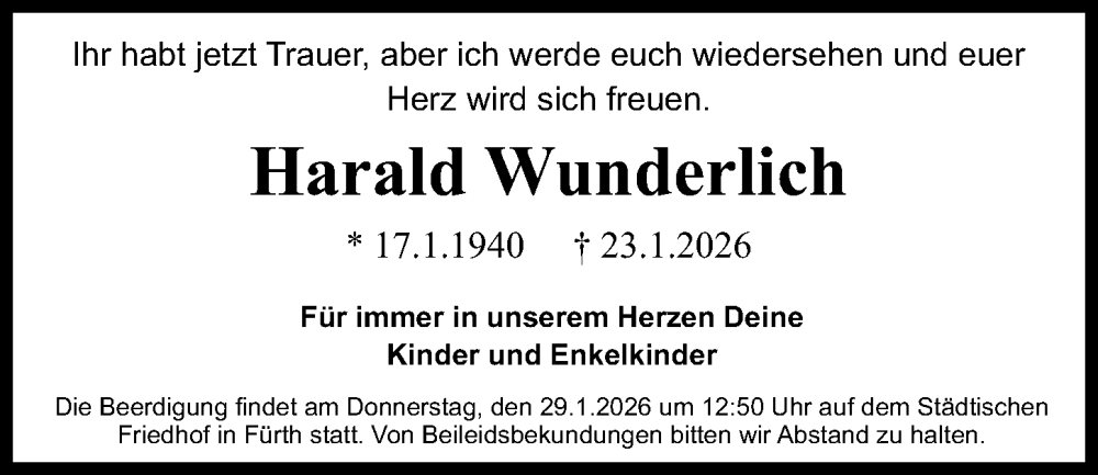  Traueranzeige für Harald Wunderlich vom 28.01.2026 aus Fürther Nachrichten Lokal