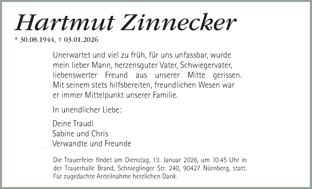  Traueranzeige für Hartmut Zinnecker vom 10.01.2026 aus Gesamtausgabe Nürnberger Nachrichten/ Nürnberger Ztg.