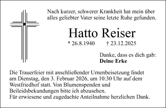 Traueranzeige von Hatto Reiser von Gesamtausgabe Nürnberger Nachrichten/ Nürnberger Ztg.