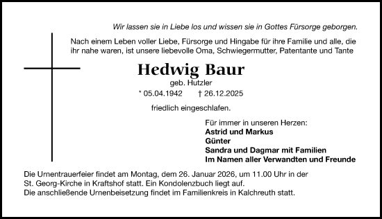Traueranzeige von Hedwig Baur von Gesamtausgabe Nürnberger Nachrichten/ Nürnberger Ztg.