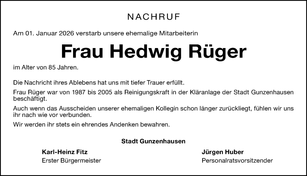 Traueranzeige für Hedwig Rüger vom 15.01.2026 aus Altmühl-Bote Lokal
