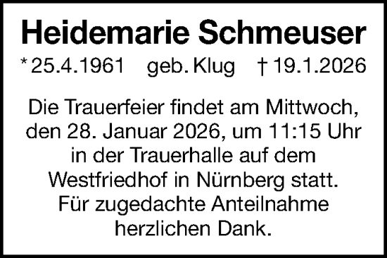 Traueranzeige von Heidemarie Schmeuser von Gesamtausgabe Nürnberger Nachrichten/ Nürnberger Ztg.