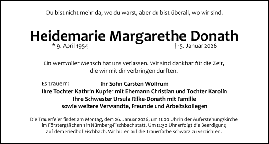 Traueranzeige von Heidemarie Margarethe Donath von Gesamtausgabe Nürnberger Nachrichten/ Nürnberger Ztg.