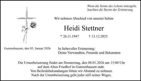 Traueranzeige von Heidi Stettner von Altmühl-Bote Lokal