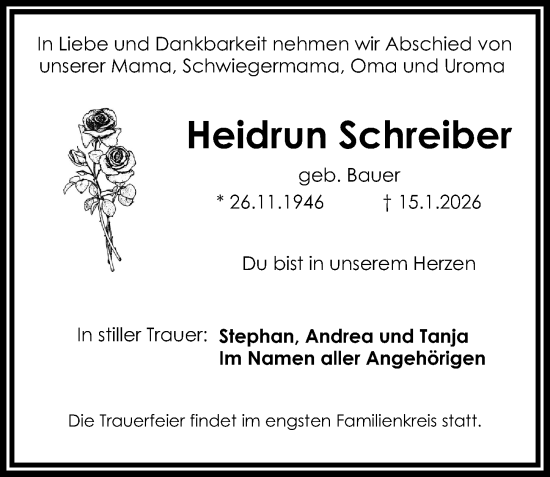 Traueranzeige von Heidrun Schreiber von Gesamtausgabe Nürnberger Nachrichten/ Nürnberger Ztg.