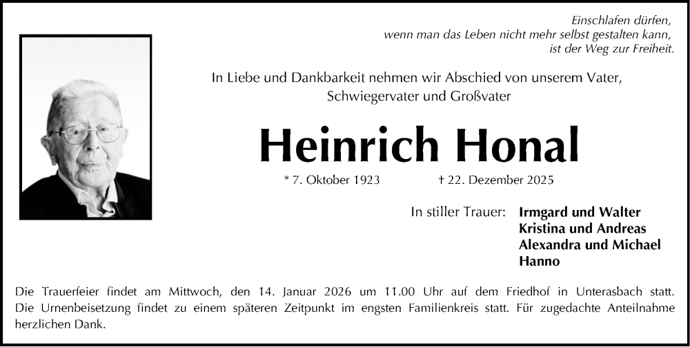 Traueranzeige für Heinrich Honal vom 10.01.2026 aus Fürther Nachrichten Lokal