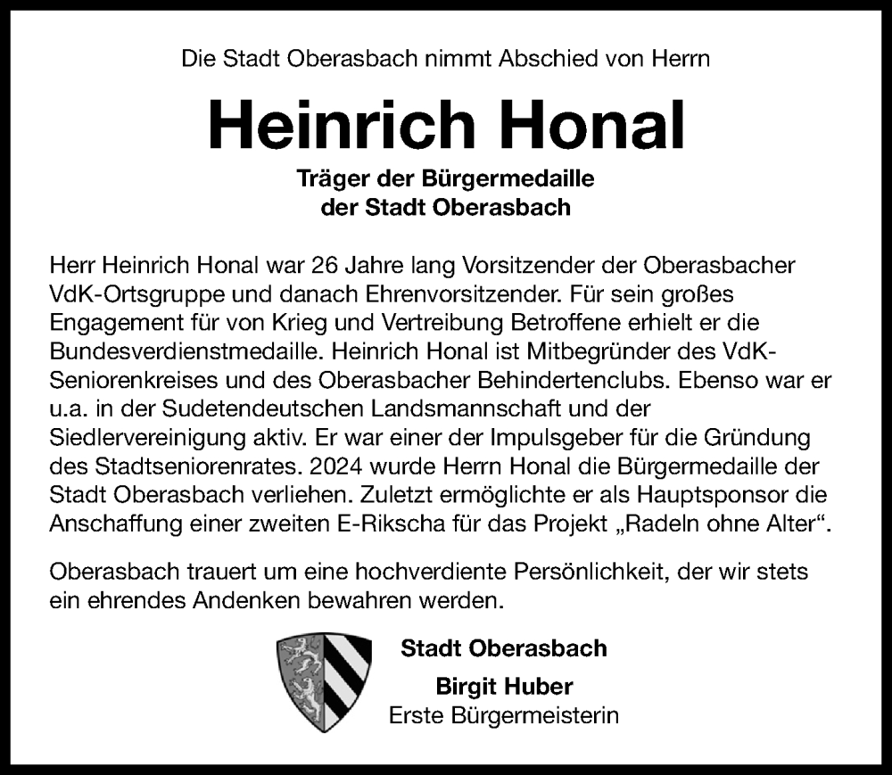  Traueranzeige für Heinrich Honal vom 10.01.2026 aus Fürther Nachrichten Lokal