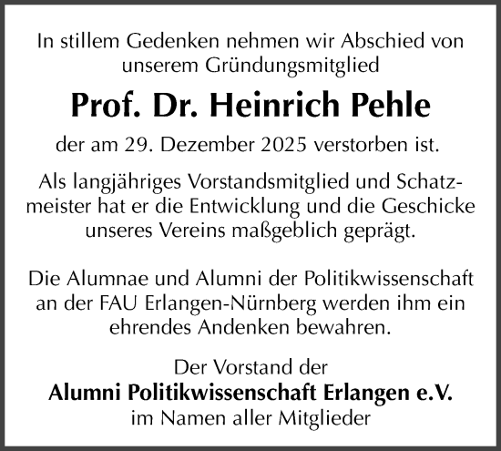 Traueranzeige von Heinrich Pehle von Erlanger Nachrichten Lokal