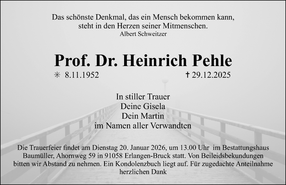  Traueranzeige für Heinrich Pehle vom 17.01.2026 aus Erlanger Nachrichten Lokal