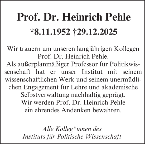 Traueranzeige von Heinrich Pehle von Erlanger Nachrichten Lokal