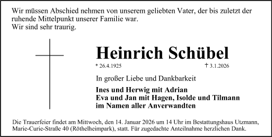 Traueranzeige von Heinrich Schübel von Gesamtausgabe Nürnberger Nachrichten/ Nürnberger Ztg./ Erlanger Nachrichten