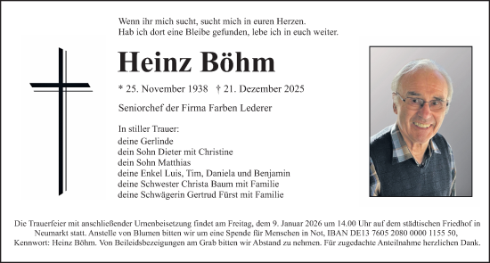 Traueranzeige von Heinz Böhm von Neumarkter Nachrichten Lokal