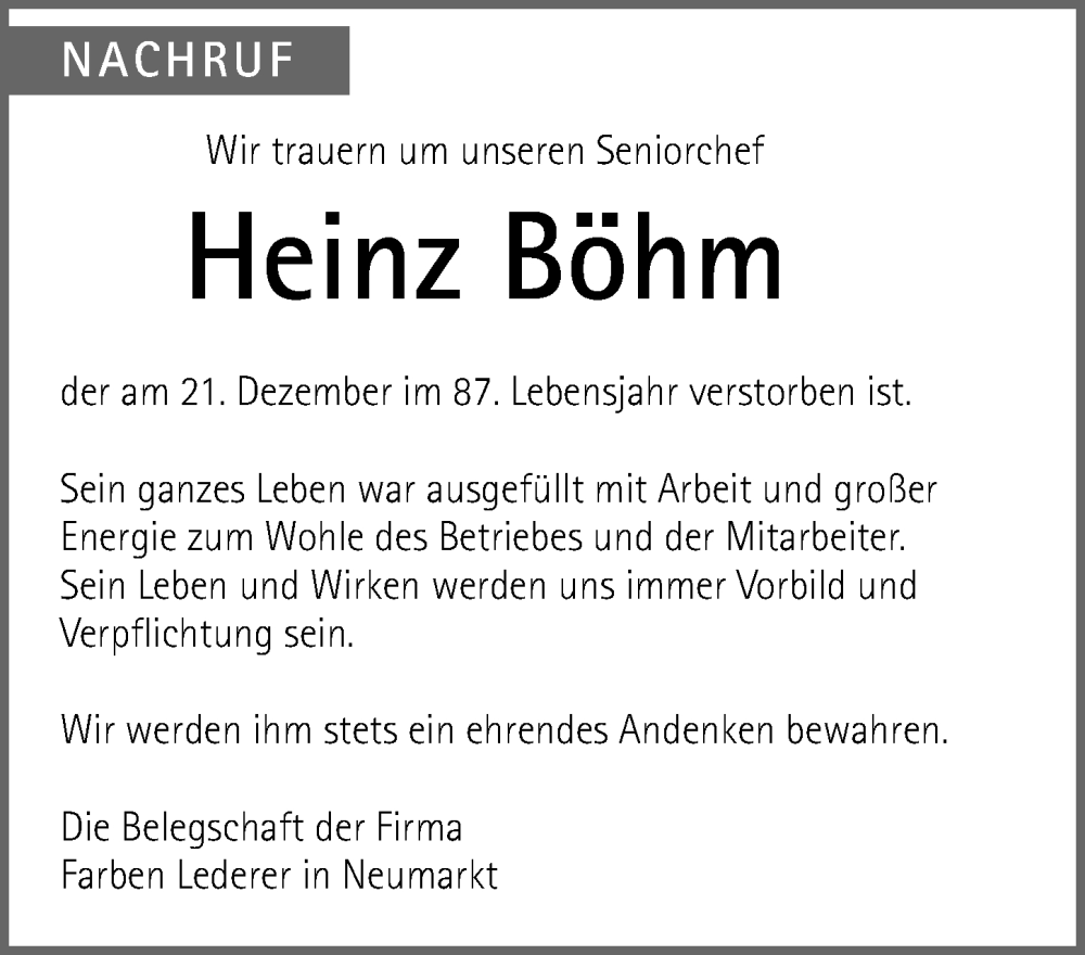  Traueranzeige für Heinz Böhm vom 17.01.2026 aus Neumarkter Nachrichten Lokal