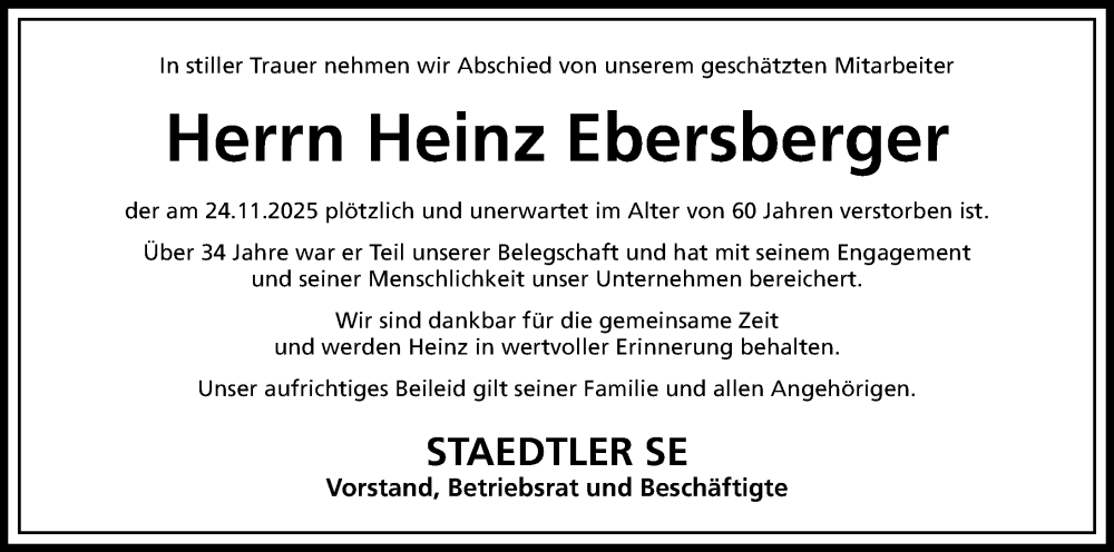  Traueranzeige für Heinz Ebersberger vom 17.01.2026 aus Gesamtausgabe Nürnberger Nachrichten/ Nürnberger Ztg.