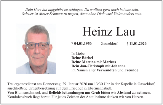 Traueranzeige von Heinz Lau von Nordbayerische Nachrichten Forchheim Lokal