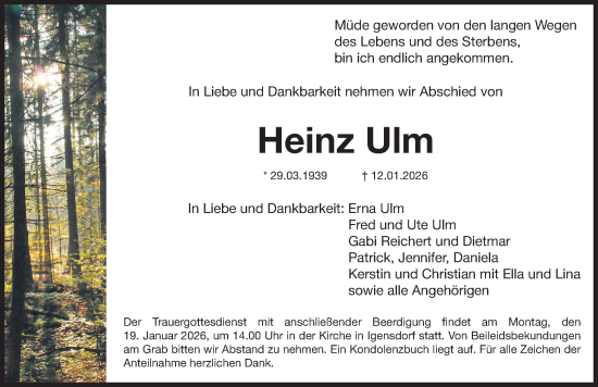Traueranzeige von Heinz Ulm von Nordbayerische Nachrichten Forchheim Lokal