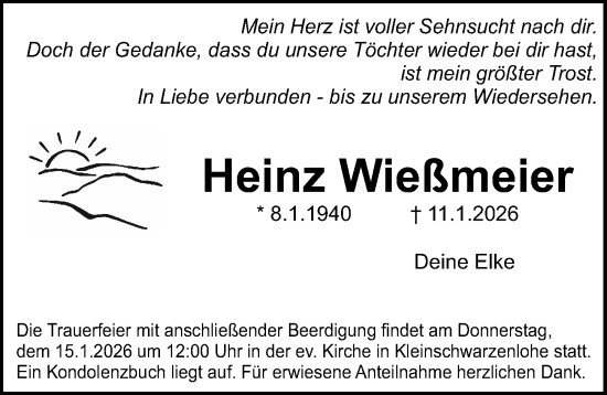 Traueranzeige von Heinz Wießmeier von Gesamtausgabe Nürnberger Nachrichten/ Nürnberger Ztg.