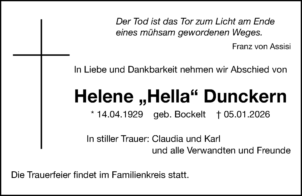  Traueranzeige für Helene Dunckern vom 24.01.2026 aus Gesamtausgabe Nürnberger Nachrichten/ Nürnberger Ztg.