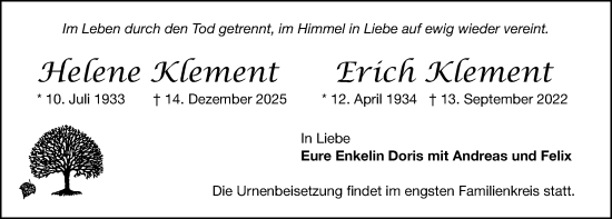Traueranzeige von Helene Klement von Gesamtausgabe Nürnberger Nachrichten/ Nürnberger Ztg.