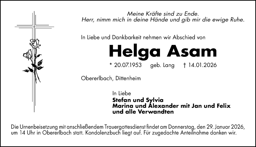  Traueranzeige für Helga Asam vom 27.01.2026 aus Altmühl-Bote Lokal