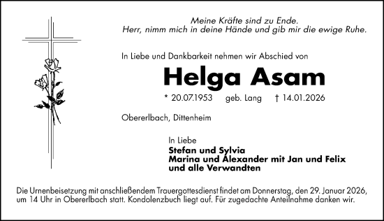 Traueranzeige von Helga Asam von Altmühl-Bote Lokal