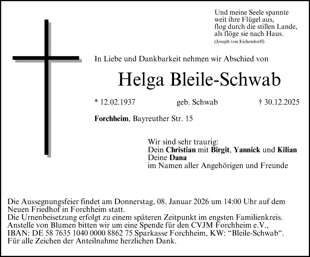  Traueranzeige für Helga Bleile-Schwab vom 03.01.2026 aus Nordbayerische Nachrichten Forchheim Lokal