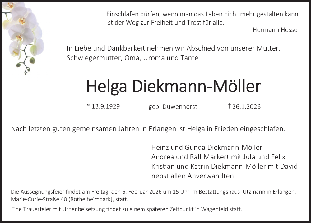  Traueranzeige für Helga Diekmann-Möller vom 31.01.2026 aus Erlanger Nachrichten Lokal
