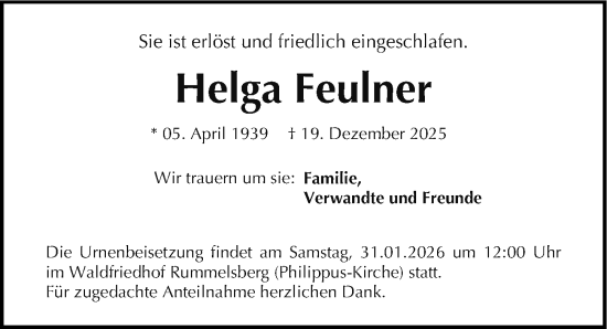 Traueranzeige von Helga Feulner von Gesamtausgabe Nürnberger Nachrichten/ Nürnberger Ztg.