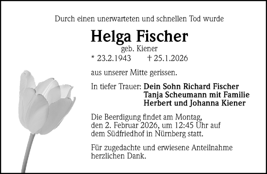Traueranzeige von Helga Fischer von Gesamtausgabe Nürnberger Nachrichten/ Nürnberger Ztg.