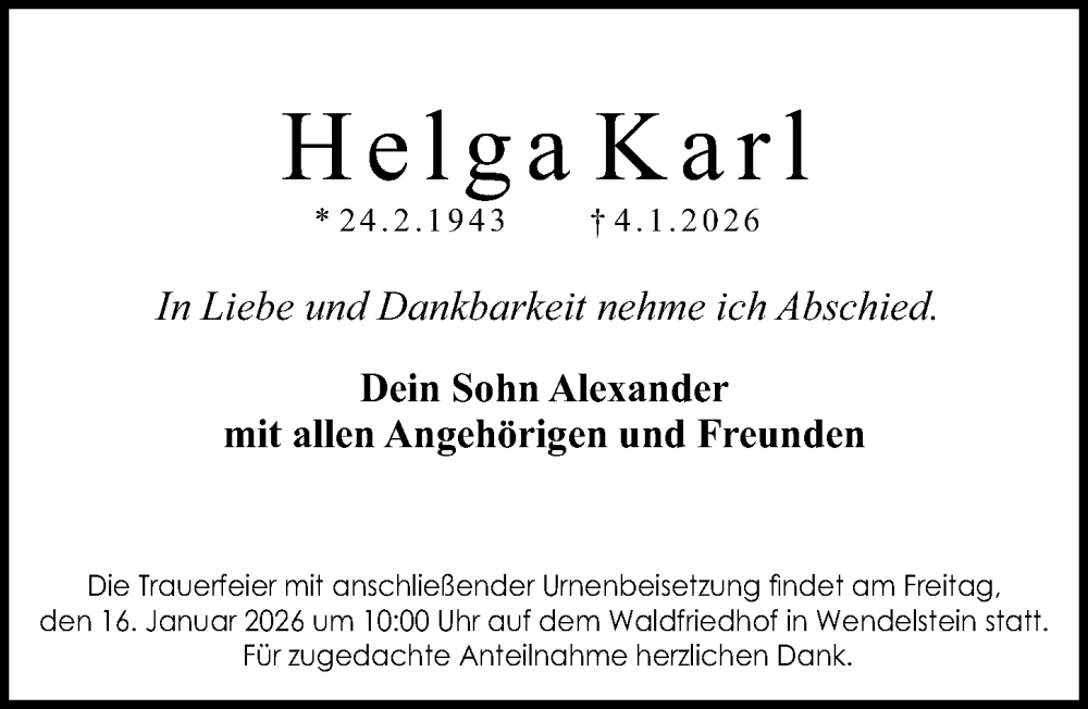  Traueranzeige für Helga Karl vom 10.01.2026 aus Gesamtausgabe Nürnberger Nachrichten/ Nürnberger Ztg.