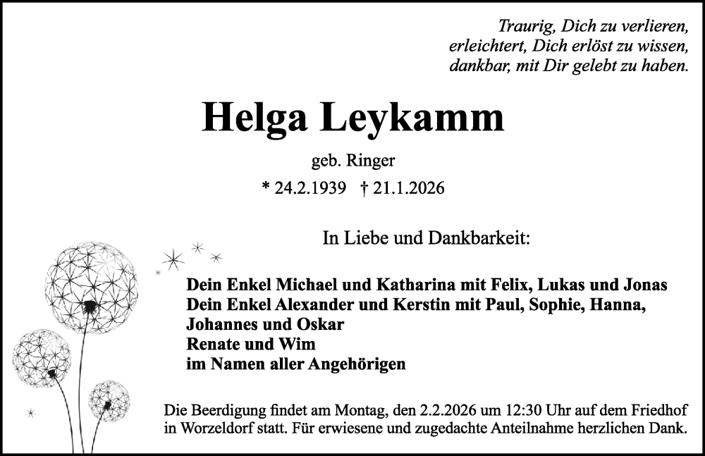  Traueranzeige für Helga Leykamm vom 28.01.2026 aus Gesamtausgabe Nürnberger Nachrichten/ Nürnberger Ztg.