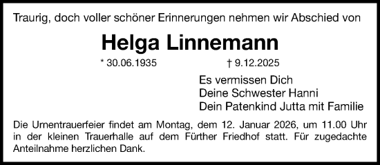 Traueranzeige von Helga Linnemann von Fürther Nachrichten Lokal