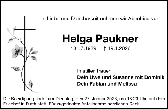 Traueranzeige von Helga Paukner von Fürther Nachrichten Lokal