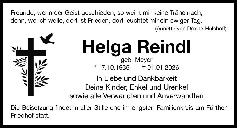  Traueranzeige für Helga Reindl vom 31.01.2026 aus Fürther Nachrichten Lokal
