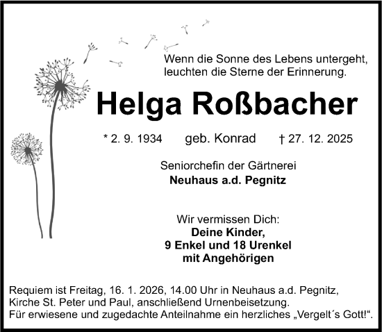 Traueranzeige von Helga Roßbacher von Nordbayerische Nachrichten Pegnitz Lokal