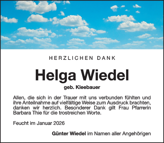 Traueranzeige von Helga Wiedel von Gesamtausgabe Nürnberger Nachrichten/ Nürnberger Ztg.