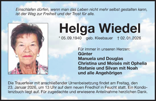 Traueranzeige von Helga Wiedel von Gesamtausgabe Nürnberger Nachrichten/ Nürnberger Ztg.