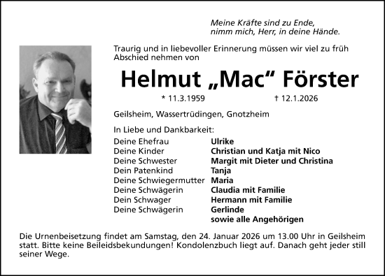 Traueranzeige von Helmut Förster von Altmühl-Bote Lokal