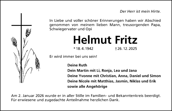 Traueranzeige von Helmut Fritz von Altmühl-Bote Lokal