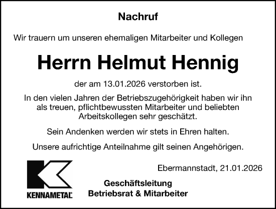 Traueranzeige von Helmut Hennig von Nordbayerische Nachrichten Forchheim Lokal