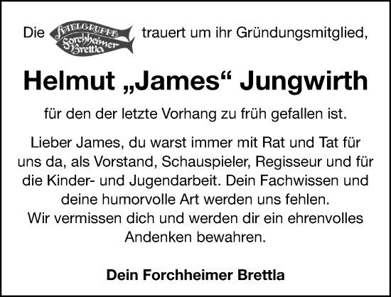 Traueranzeige von Helmut Jungwirth von Nordbayerische Nachrichten Forchheim Lokal