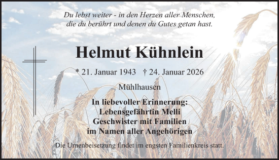 Traueranzeige von Helmut Kühnlein von Neumarkter Nachrichten Lokal