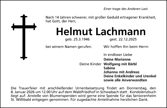 Traueranzeige von Helmut Lachmann von Schwabacher Tagblatt Lokal