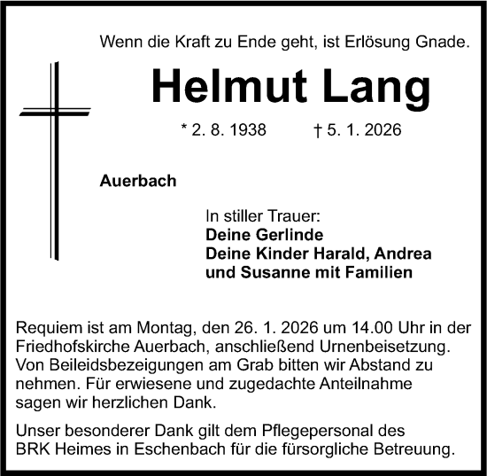 Traueranzeige von Helmut Lang von Nordbayerische Nachrichten Pegnitz Lokal