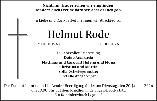 Traueranzeige von Helmut Rode von Erlanger Nachrichten Lokal