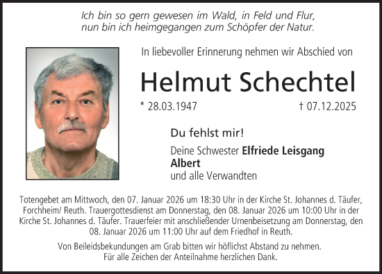 Traueranzeige von Helmut Schechtel von Nordbayerische Nachrichten Forchheim Lokal