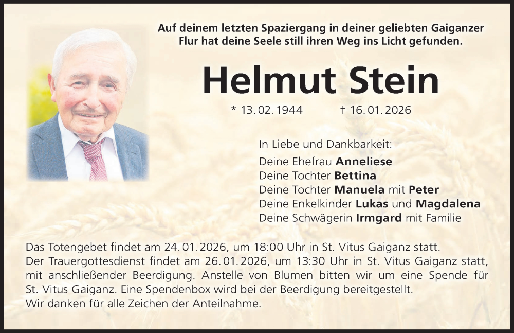  Traueranzeige für Helmut Stein vom 23.01.2026 aus Nordbayerische Nachrichten Forchheim Lokal